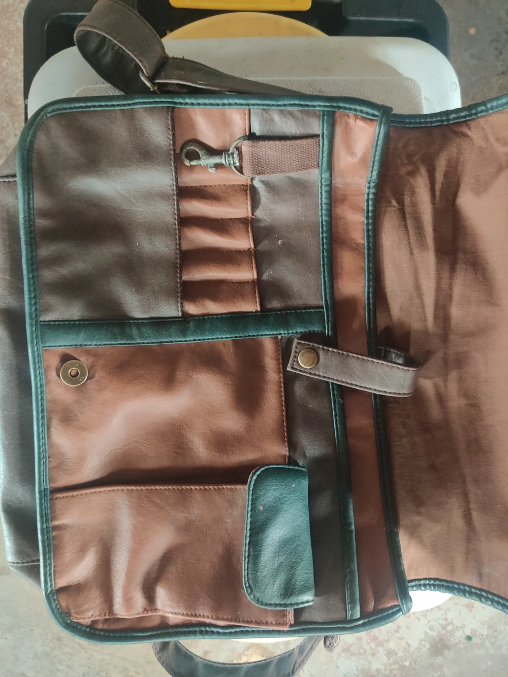 Brown Leather Messenger Bag with Green Trim - Vintage Style